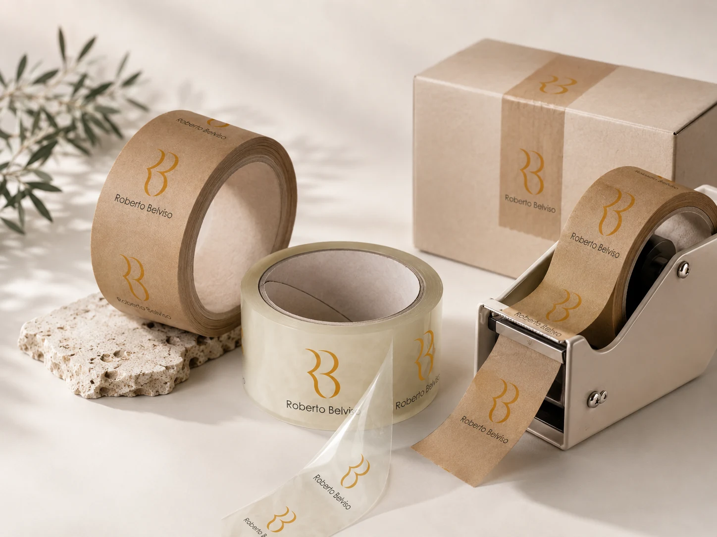Dettaglio di chiusura adesiva personalizzata per packaging brandizzato